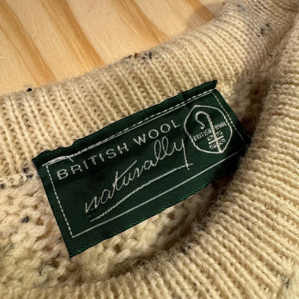 British Wool Naturally Sheep Embroidery Cable Knit Sweater Cream Size Large